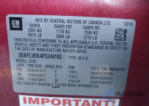 2015 GMC Terrain Sle-1 из США, поврежденный, VIN 2GKFLVEK4F6244182